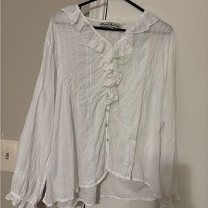JP and Mattie L White Ruffle-Front Cotton Blouse